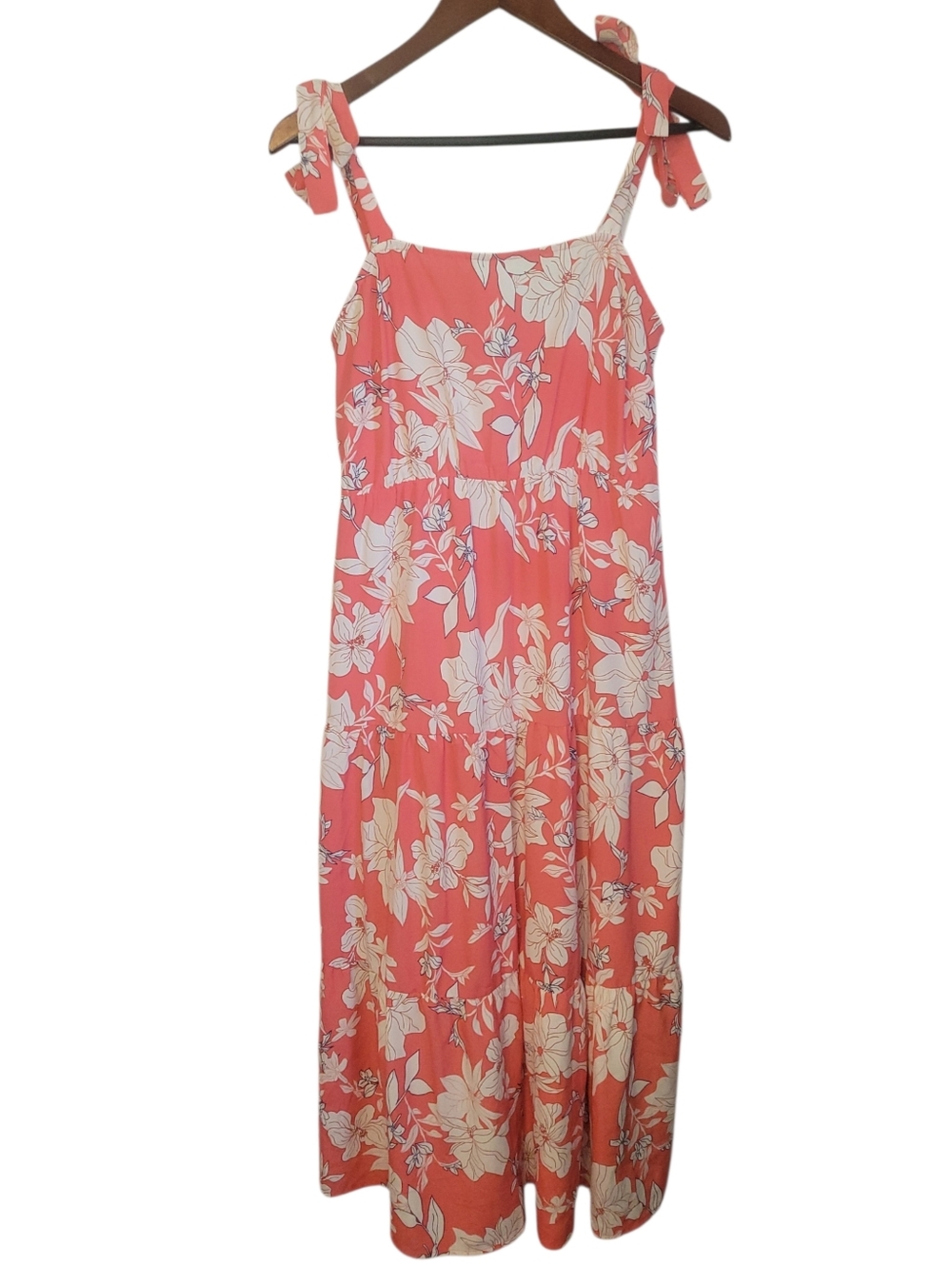 Social Standard Sanctuary Maxi Dress Small Coral Floral Tiered Tie Strap Resort - Picture 3 of 9
